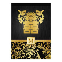 Preto & damasco do ouro, felicidade dobro chinesa  convite personalizado