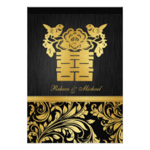 Preto & damasco do ouro, felicidade dobro chinesa  convite personalizados