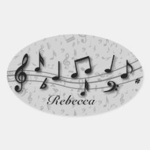 Preto personalizado e notas musicais cinzentas adesivos ovais