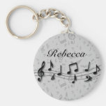 Preto personalizado e notas musicais cinzentas chaveiro