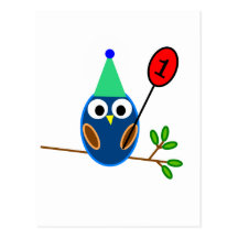 Primeira celebração do aniversário, coruja bonito cartão postal