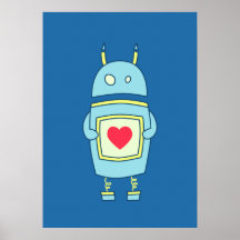 Robô desajeitado bonito azul com coração posteres