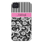 Rosa personalizado, preto, damasco listrado branco capa iPhone 4 Case-Mate