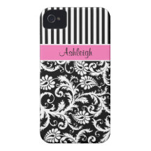 Rosa personalizado, preto, damasco listrado branco capa iPhone 4 Case-Mate