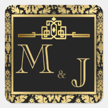 Selo romance dourado do envelope do art deco adesivo quadrado