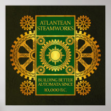 Steamworks-Ouro Atlantean & verde no couro verde Pôsteres