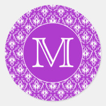 Sua letra. Teste padrão roxo e branco do damasco Adesivo Redondo