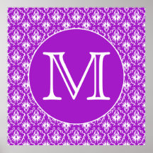 Sua letra. Teste padrão roxo e branco do damasco Posteres