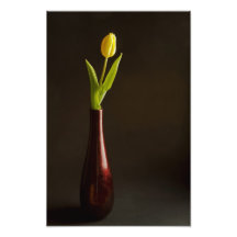 Tulipa amarela na obscuridade - vaso vermelho impressão de fotos