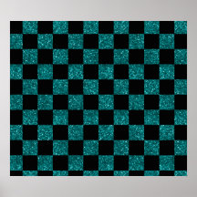 Turquesa do brilho e teste padrão checkered preto posters