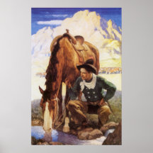 Vaqueiro que molha seu cavalo por NC Wyeth, arte d Poster