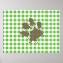 Verde enlameado engraçado do pawprint Checkered; G Posters
