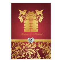 Vermelho & damasco do ouro, felicidade dobro chine convites