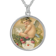 Vintage, anjo do Cupido, pomba e rosas Colares