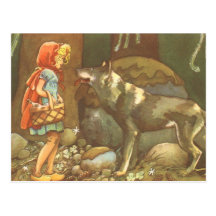 Vintage pouca capa e lobo de equitação vermelha na cartões postais