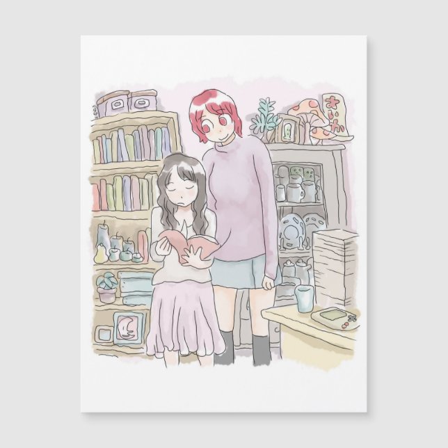 さむにくじ　本棚のある部屋で立って並んで本のページをめくる二人の女性のイラスト (Frente)