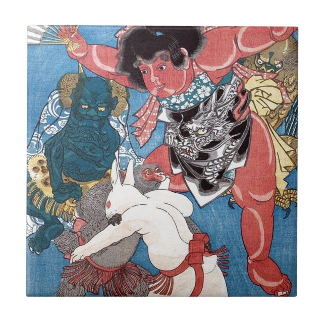 金太郎と動物, 国芳 Kintaro & animais, Kuniyoshi, Ukiyo-e (Frente)