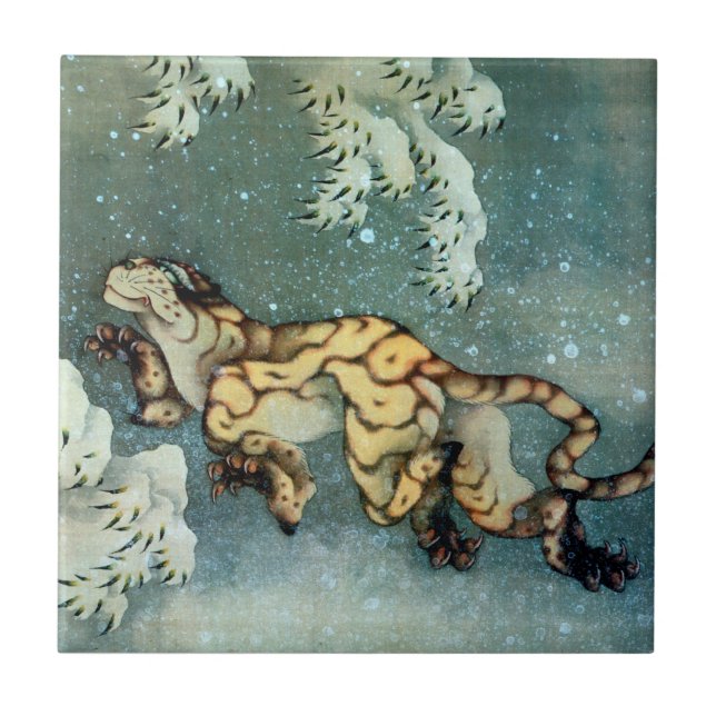 雪中虎図, tigre na neve, Hokusai do 北斎, arte (Frente)