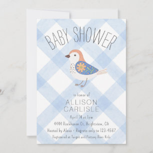 003 Convite de Chá de Bebê Cobalt Cute Floral Bird