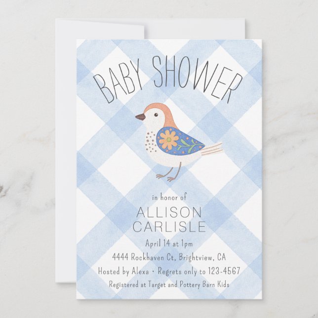 003 Convite de Chá de Bebê Cobalt Cute Floral Bird (Frente)