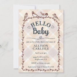 013 Convite de Chá de Bebê Xadrez Aquarela Pássaro