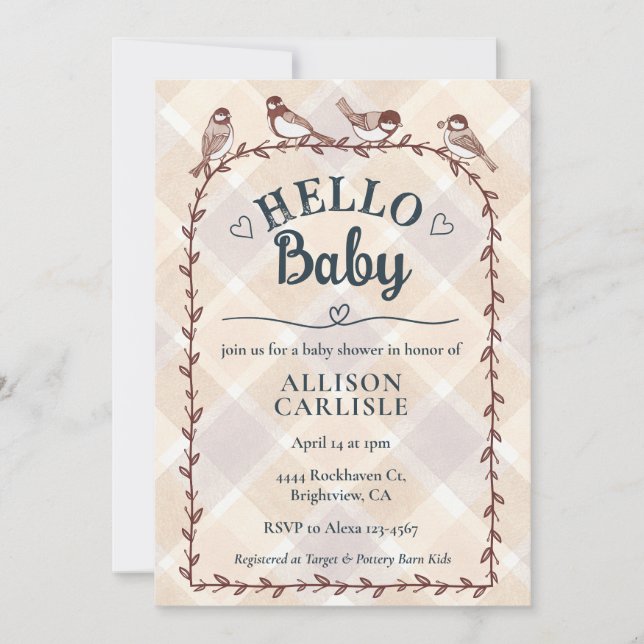 013 Convite de Chá de Bebê Xadrez Aquarela Pássaro (Frente)
