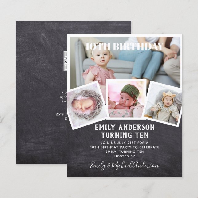 10º Aniversário Colagem de Fotos Convidar Menina M (Frente/Verso)