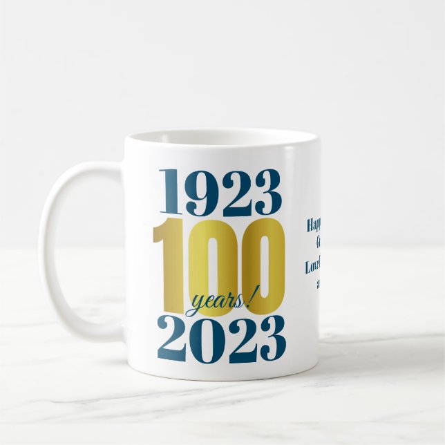 100º Aniversário - Caneca de café azul Dourada (Esquerda)