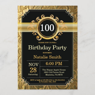 100º Aniversário Convite Preto e Dourado