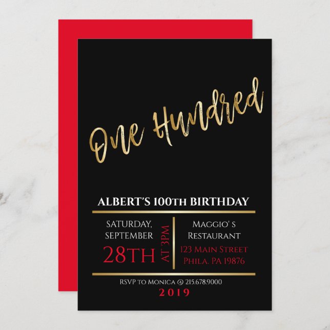 100º aniversário do Convite de festas Dourado Negr (Frente/Verso)