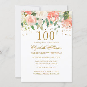 100º Aniversário Peach Dourado Convite Floral