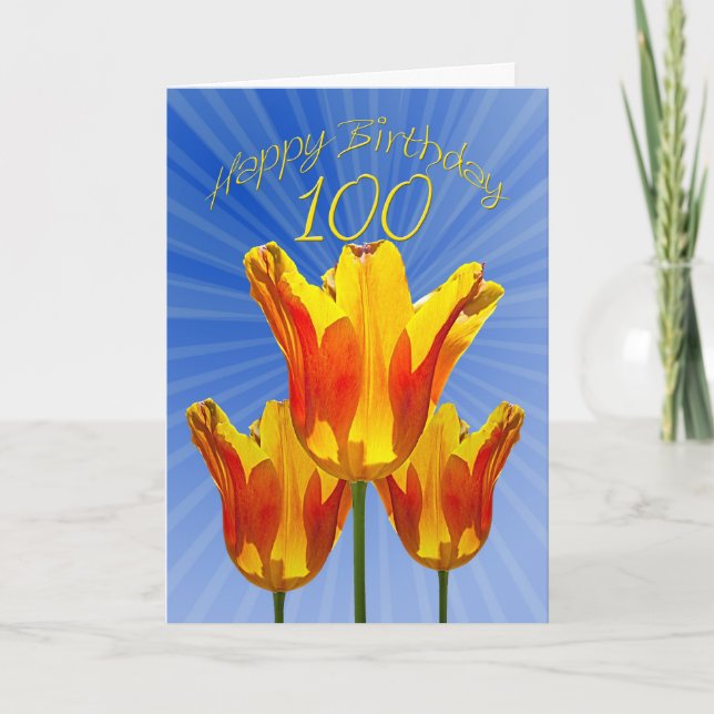 100º Cartão de aniversário, tulipas cheio de sol (Frente)
