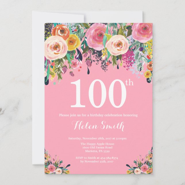 100º Convite de Aniversário, Cor-de-Rosa Floral (Frente)