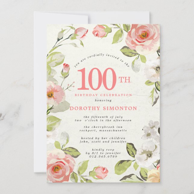 100º Convite de Aniversário, de cor rosa e branca (Frente)