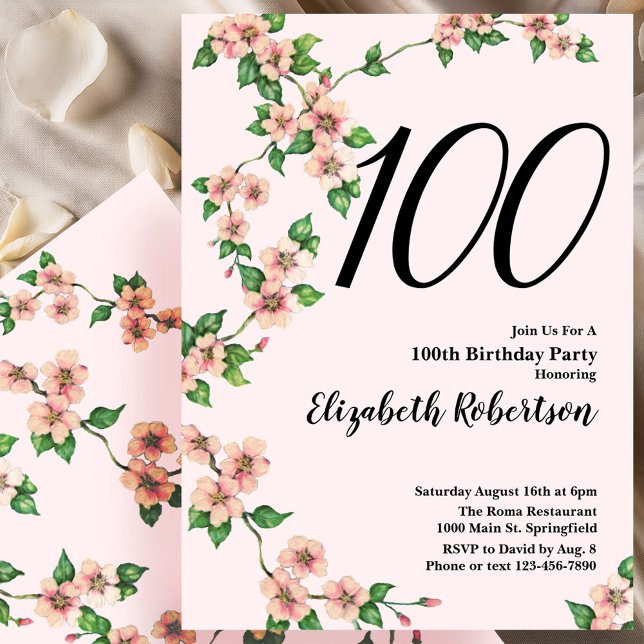 100º Convite de Aniversário Floral a Rosa Esbranqu (Criador carregado)