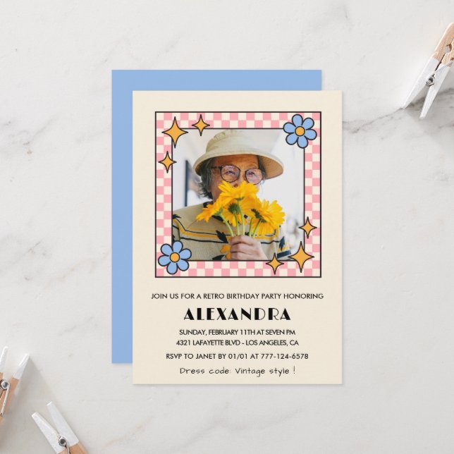 100.º aniversário convite Retro Groovy Blue Floral (Frente/Verso In Situ)