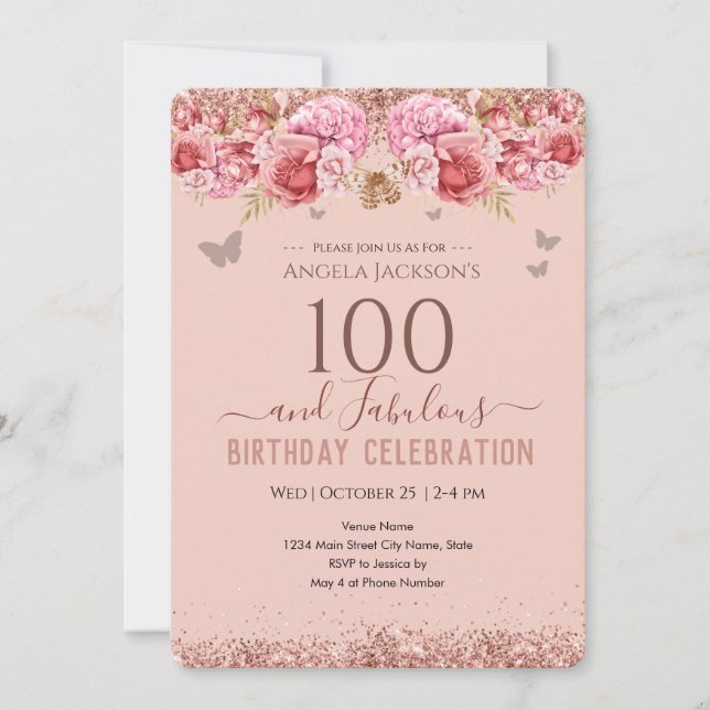 100 e Fabuloso Convite Rosa de Aniversário para Ad (Frente)