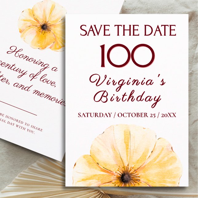 100th Birthday Yellow Flower, Modern Save the Date (Criador carregado)