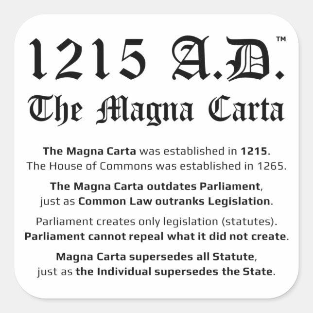 1215 A.D.™ Os Adesivos de Lei Comum da Magna Carta (Frente)