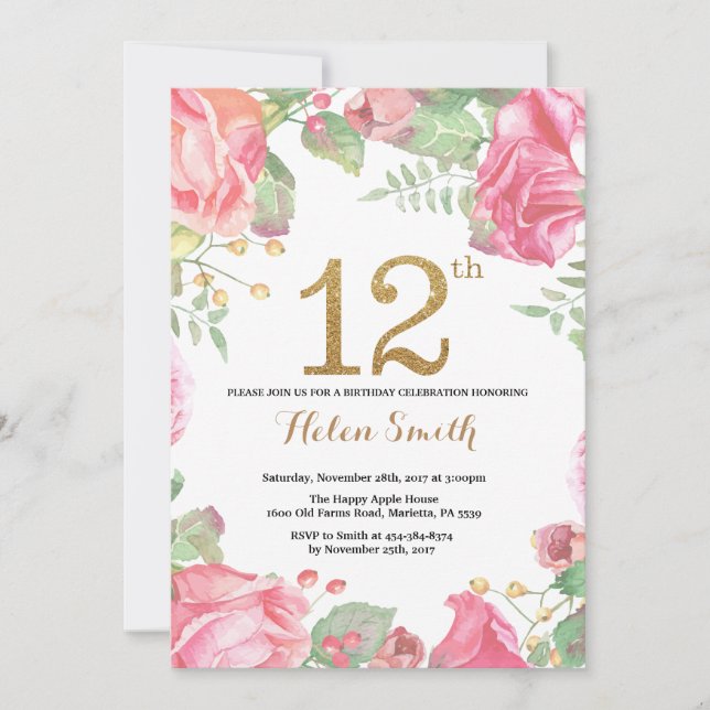 12 Floral Aniversário Convite Dourado (Frente)