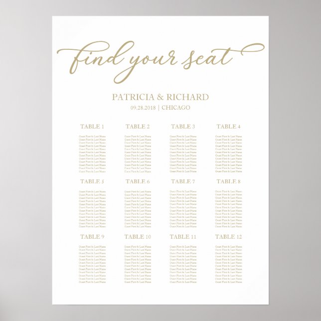 12 Mesa Wedding Seating Plan Chic Script Poster (Frente)