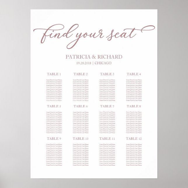 12 Mesa Wedding Seating Plan Chic Script Poster (Frente)