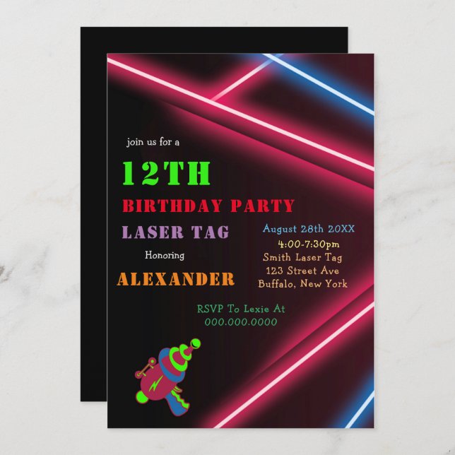 12 Neon Birthday Laser Tag Convites de festas (Frente/Verso)