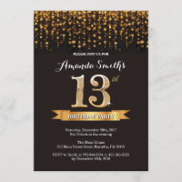 13 Aniversário Convite Preto e Dourado