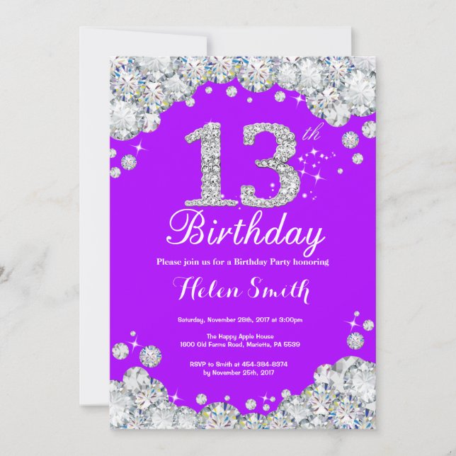 13 Aniversário do Convite Roxo e Diamante de Prata (Frente)