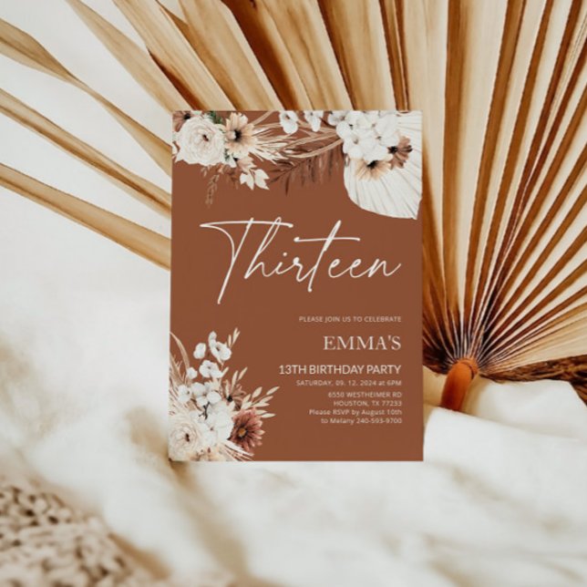13 Birthday Convite Terracotta Boho Pampas (Criador carregado)
