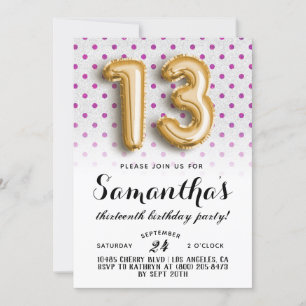 13 Birthday Polkadot Glitter Convite