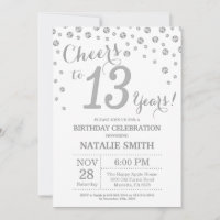 13 Birthday Silver Glitter Diamond Convite