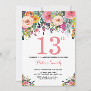 13 Floral - Convite de Aniversário, Rosa