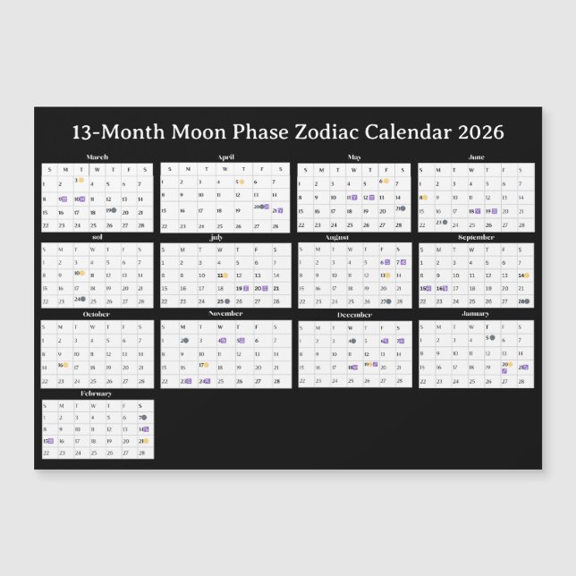 13-Month Moon Phase Zodiac 2026 Calendar (Frente)